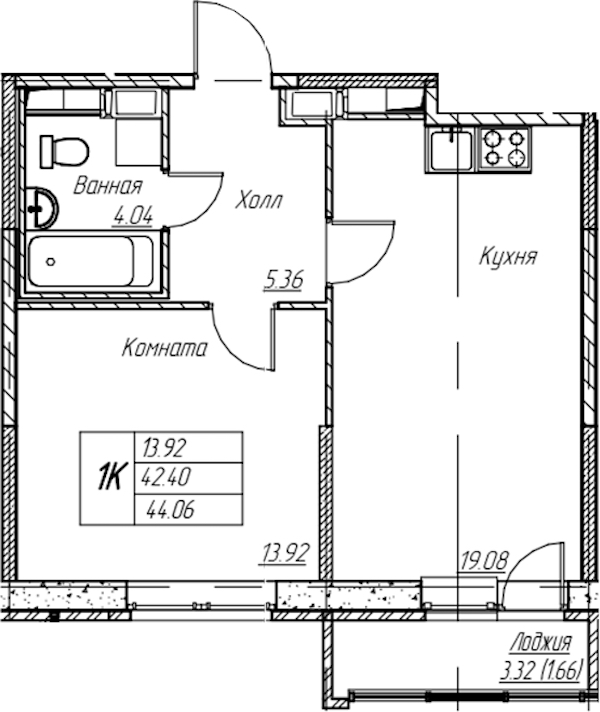 1-комнатная квартира 44.06 м², 10/22 эт., ЖК «Парк-квартал Юнтолово»